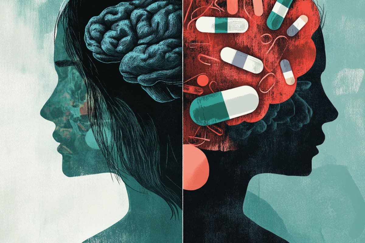 This shows two heads and pills.