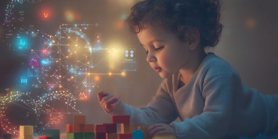 This shows DNA and a child playing with blocks.