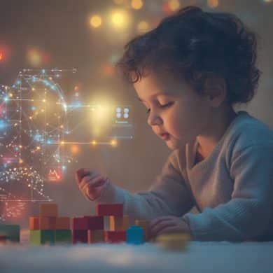 This shows DNA and a child playing with blocks.