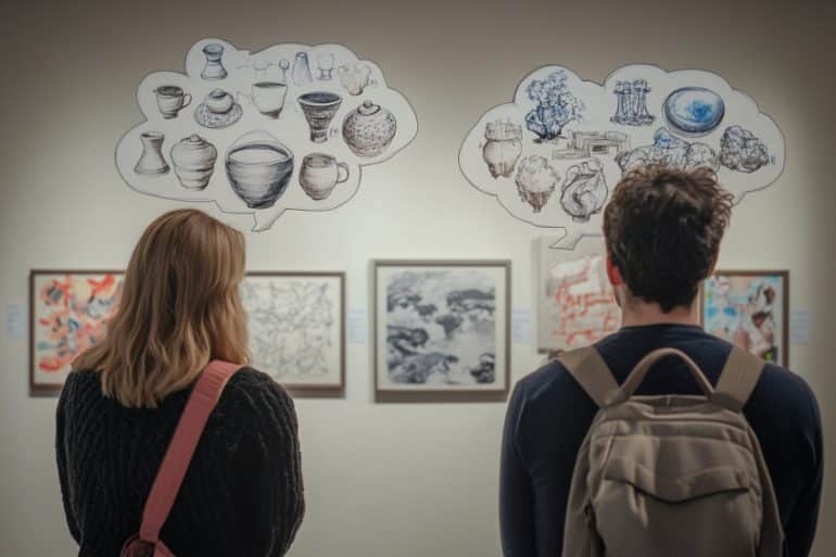 This shows people in an art gallery. Above their heads are thought bubbles.
