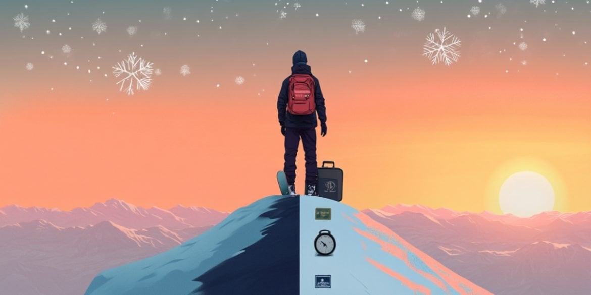 This shows a man on a hill with a snowboard and briefcase.