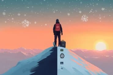This shows a man on a hill with a snowboard and briefcase.