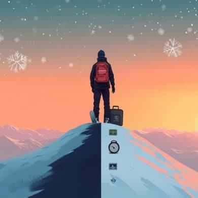 This shows a man on a hill with a snowboard and briefcase.