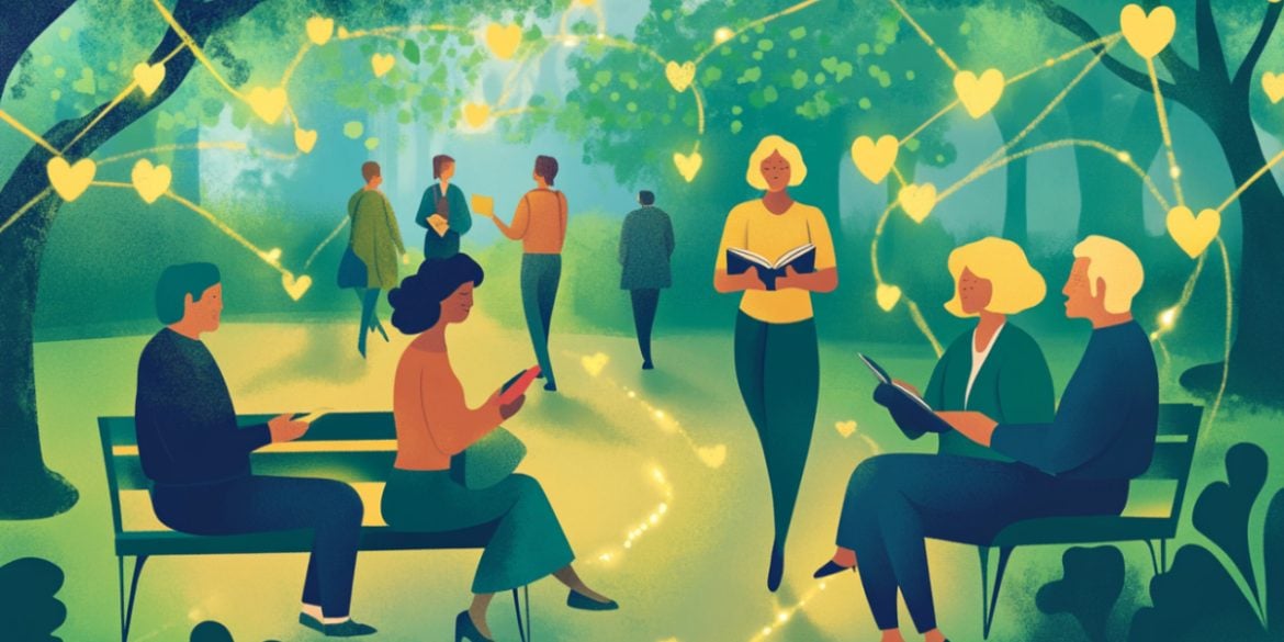 This shows people walking and chatting in a park.