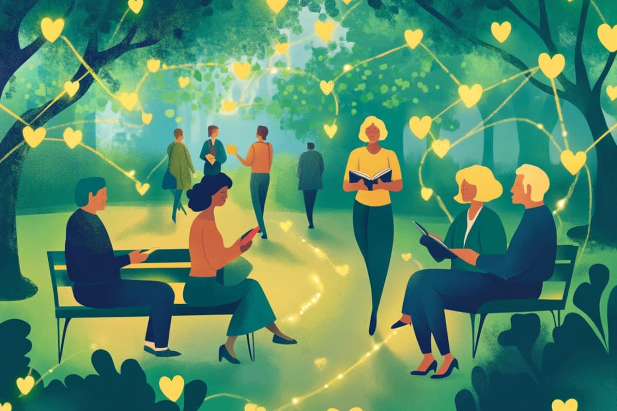 This shows people walking and chatting in a park.