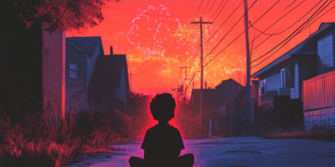 This shows a child sitting in a street.