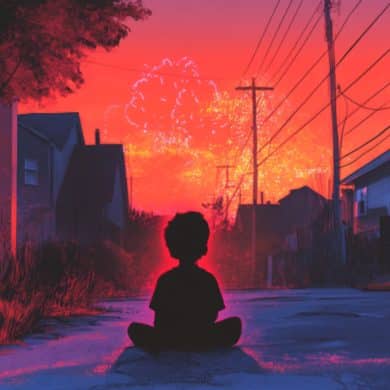 This shows a child sitting in a street.