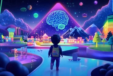 This shows a child navigating a virtual city and a brain.
