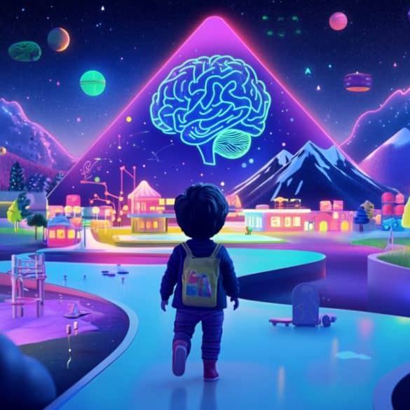 This shows a child navigating a virtual city and a brain.