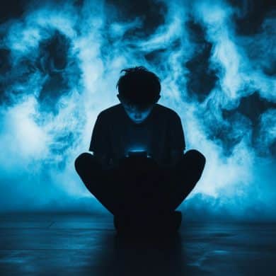This shows a sad kid looking at a phone.
