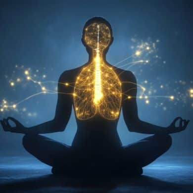 This shows a person in the lotus position. The brain and lungs are highlighted.