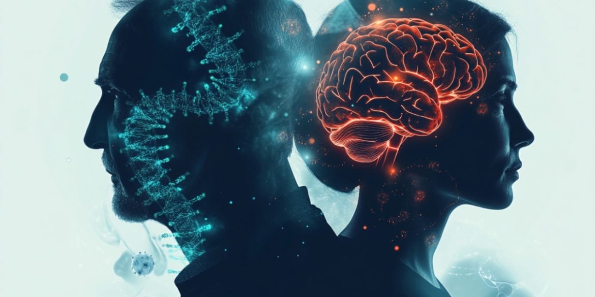 This shows a man, a woman, DNA, and a brain.