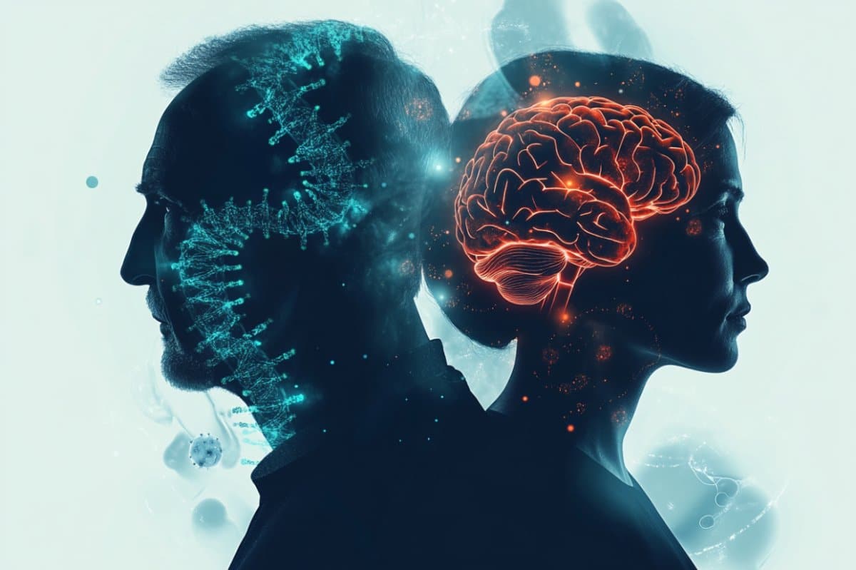 This shows a man, a woman, DNA, and a brain.