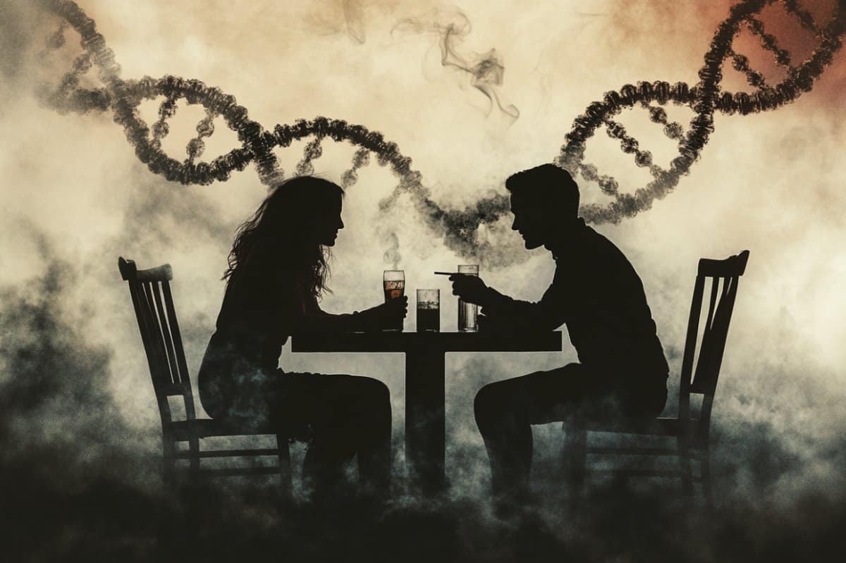 This shows a couple drinking and DNA.