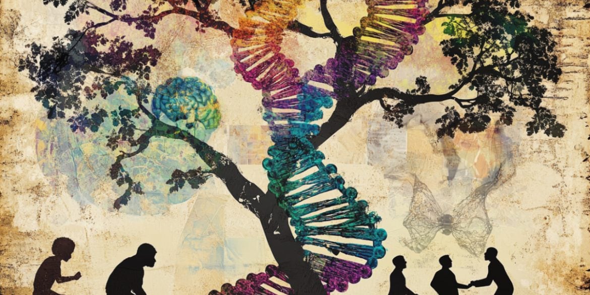 This shows people, a tree, and DNA.