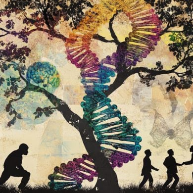 This shows people, a tree, and DNA.