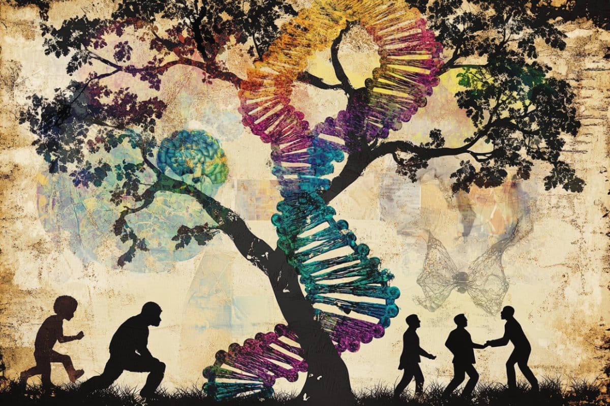 This shows people, a tree, and DNA.