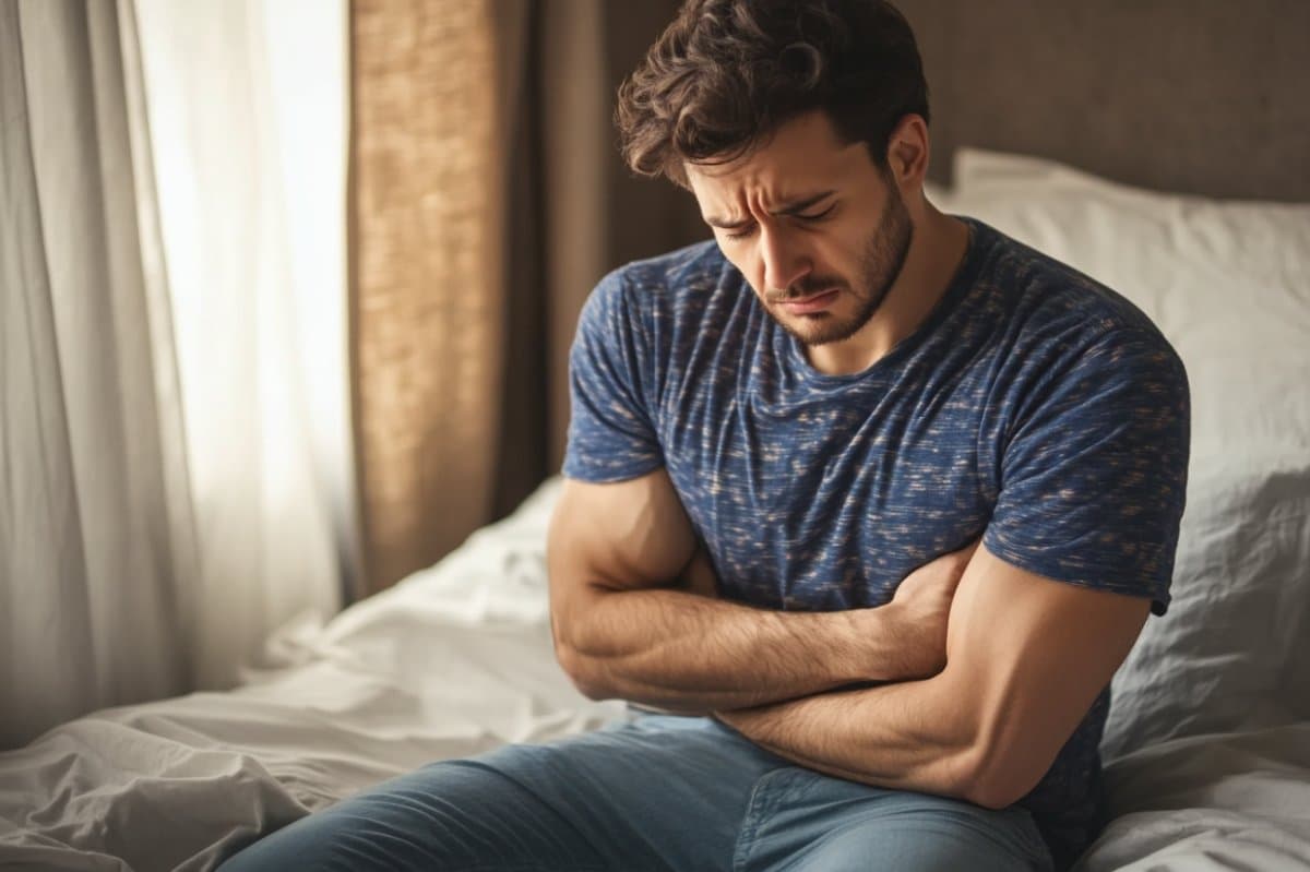 This shows a man holding his stomach.