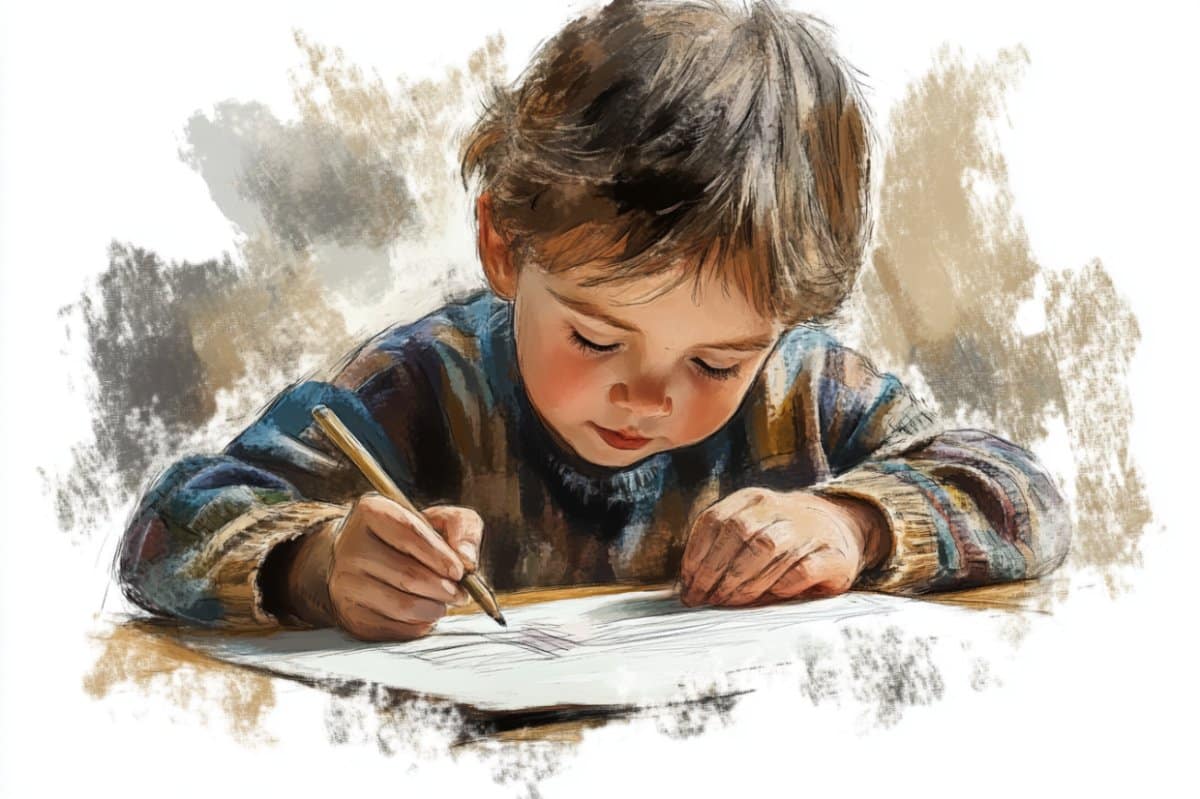 Esta imagen muestra a un niño escribiendo.