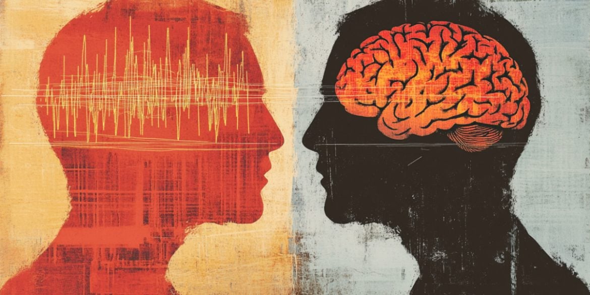 This shows two heads, sound waves, and a brain.