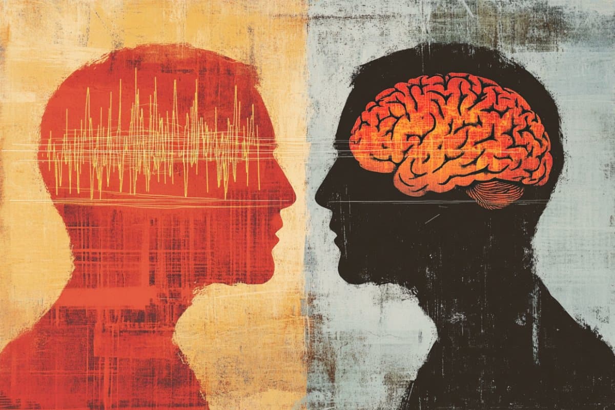 This shows two heads, sound waves, and a brain.