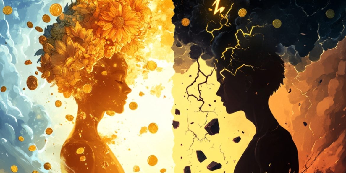This shows two people, one bathed in light, the other in darkness.
