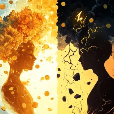 This shows two people, one bathed in light, the other in darkness.