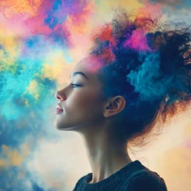 This shows a woman and bight colors.