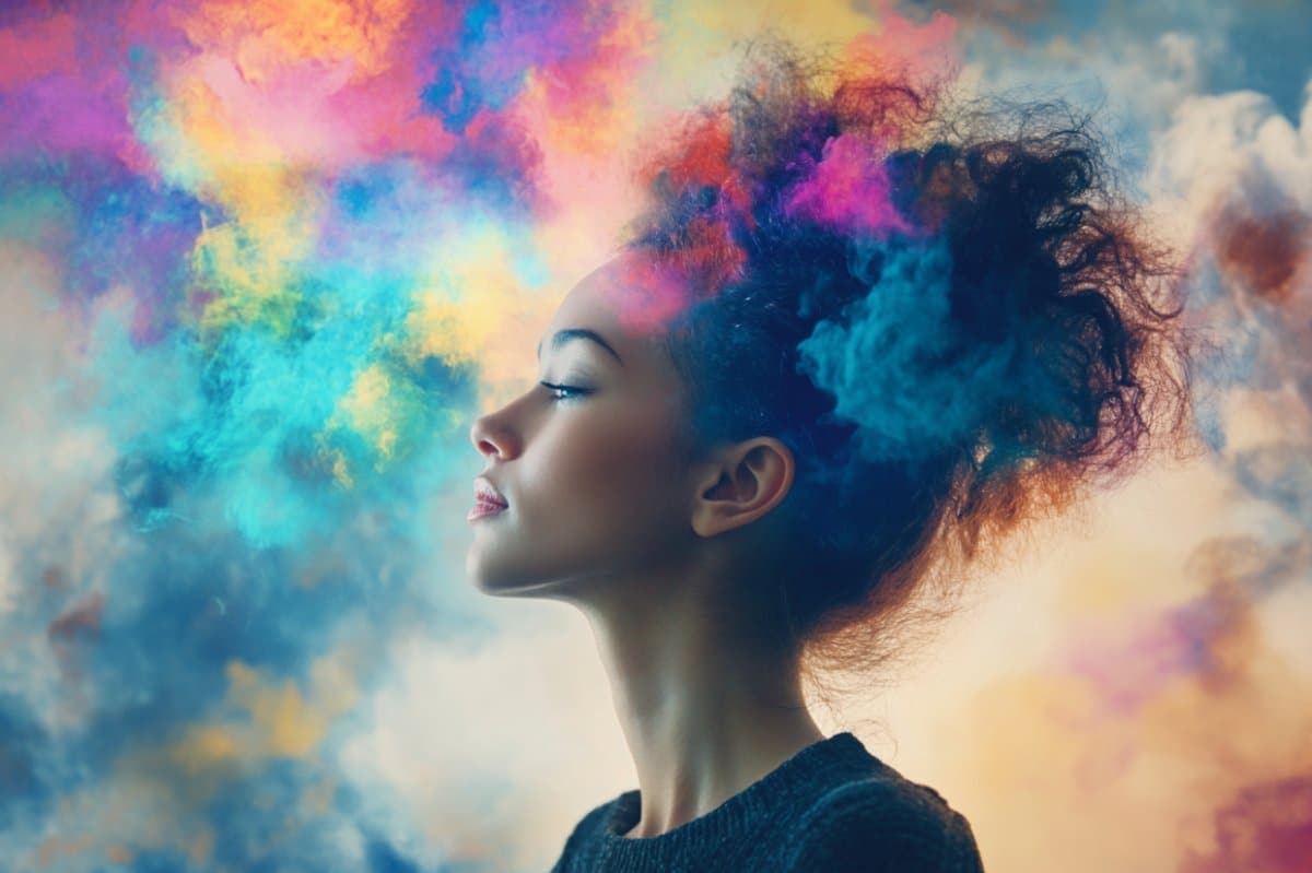 This shows a woman and bight colors.