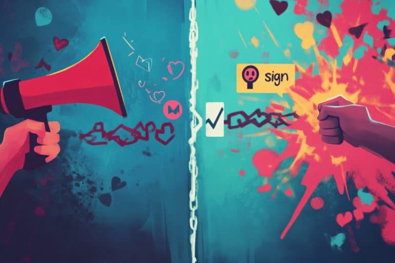 This shows a hand with a megaphone and a fist.