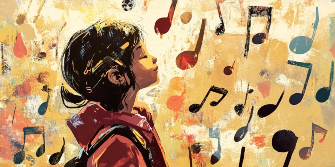 This shows a child and music notes.
