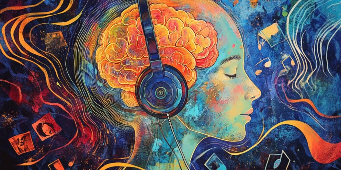 This shows a person wearing headphones and a brain.