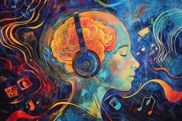 This shows a person wearing headphones and a brain.