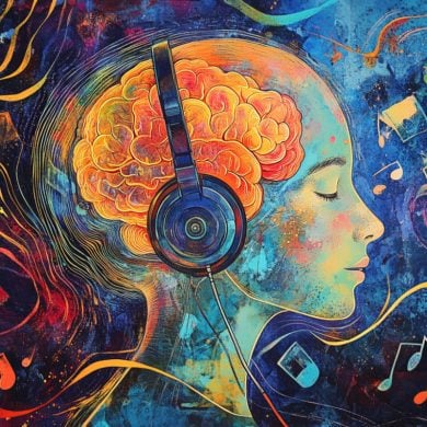 This shows a person wearing headphones and a brain.