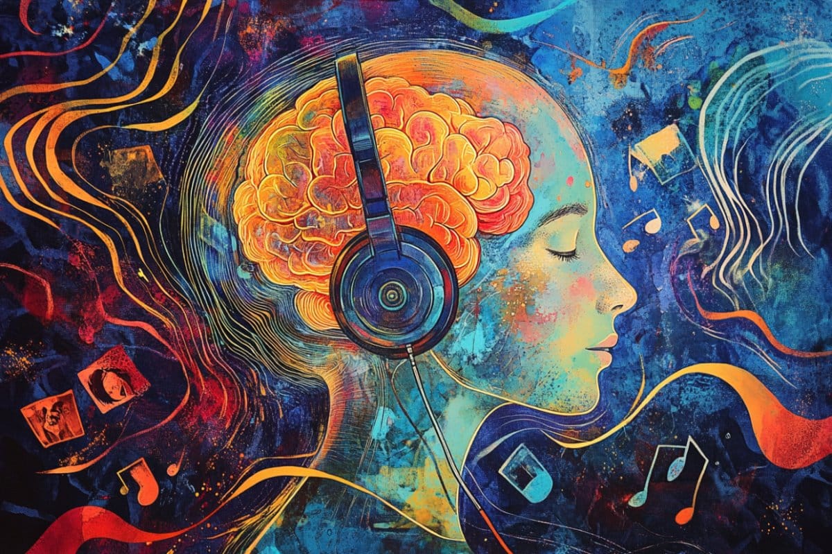 This shows a person wearing headphones and a brain.