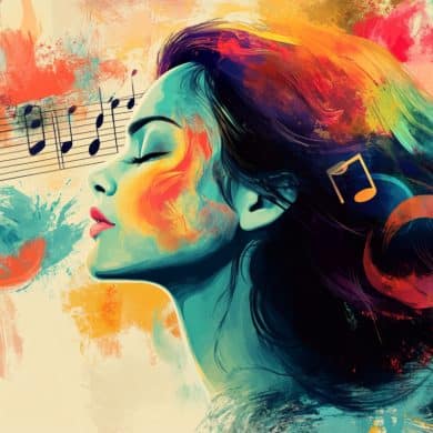 This shows a woman and musical notes.