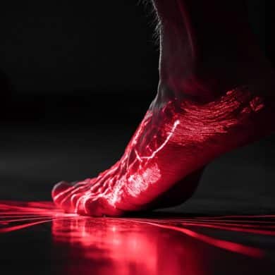 This shows a foot radiating red light, symbolizing pain.