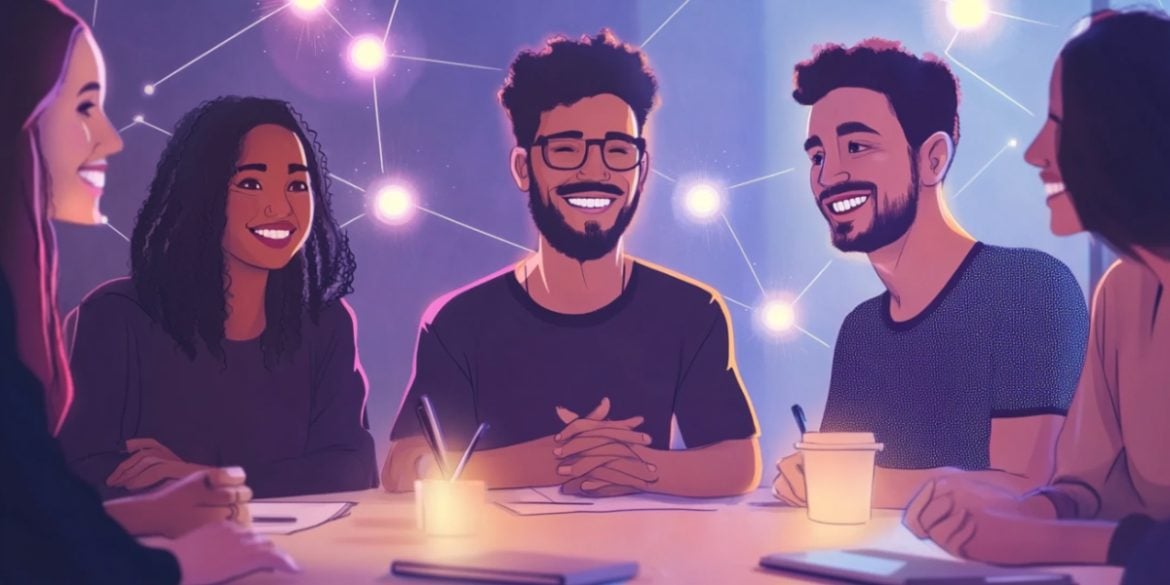 This shows people sitting together.
