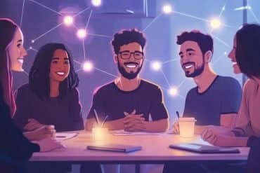 This shows people sitting together.