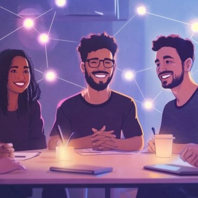 This shows people sitting together.