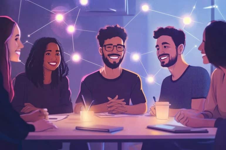 This shows people sitting together.
