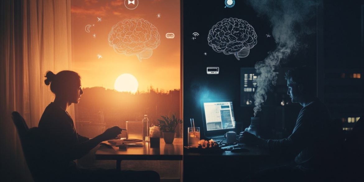 This shows a person working early in the morning and one working at night.