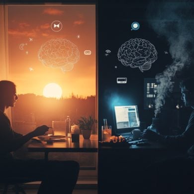 This shows a person working early in the morning and one working at night.