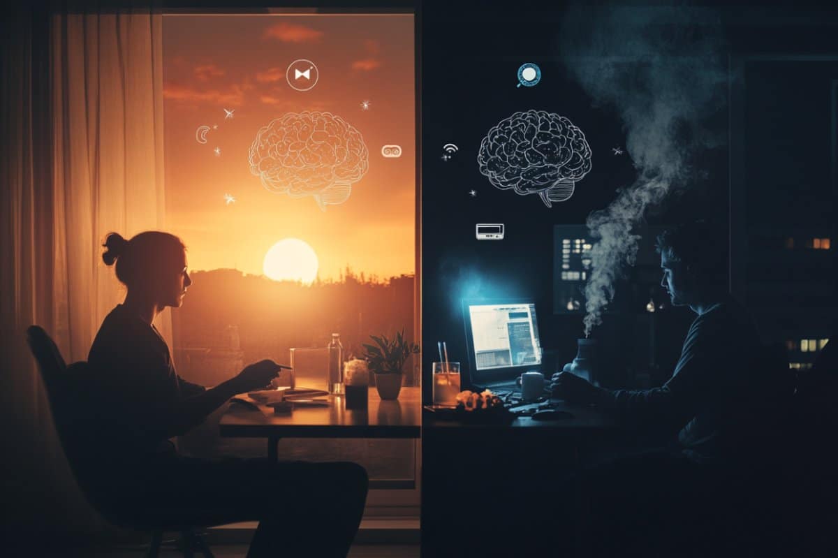 This shows a person working early in the morning and one working at night.