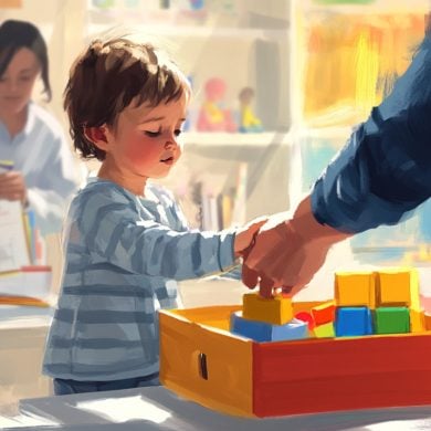 This shows a child and blocks.
