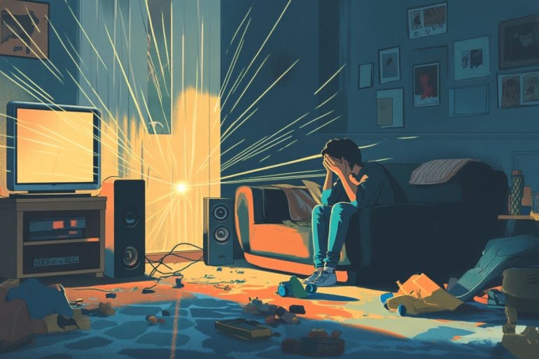 This shows a stressed mom on a couch.