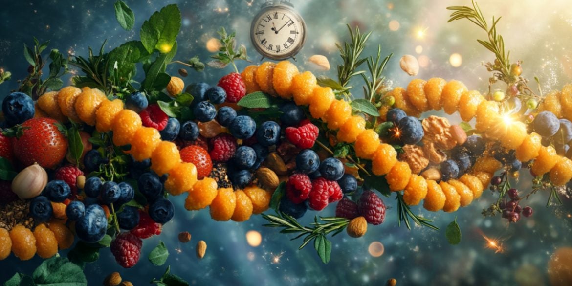 This shows foods entwined into a DNA strand.