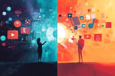 This shows two people and social media icons.