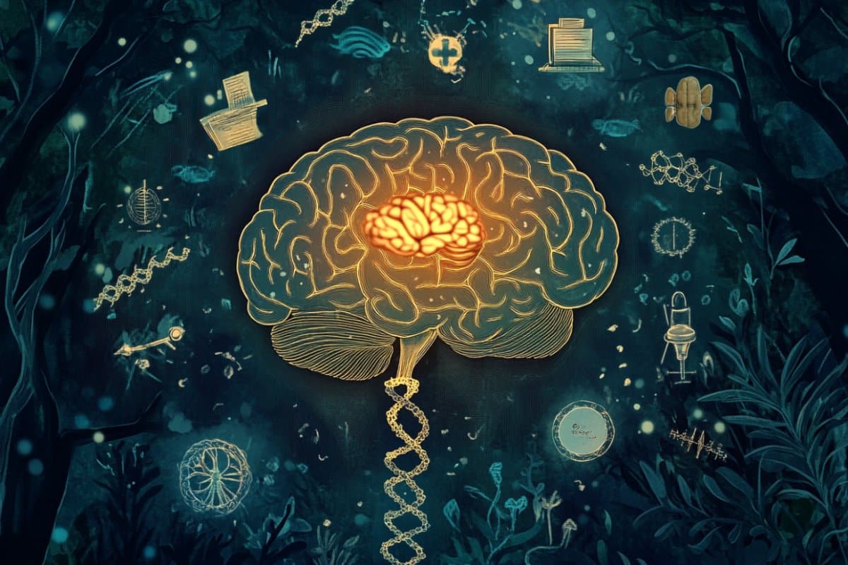 This shows a brain and DNA.