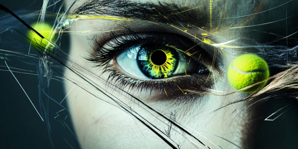 This shows an eye and moving tennis balls.